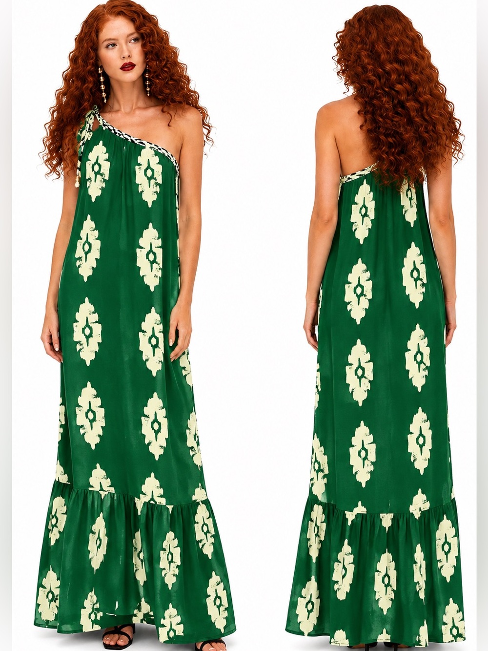 Green One-Shoulder Maxi Dress | Size Small | NWT | Boho Vacation Resort Dress